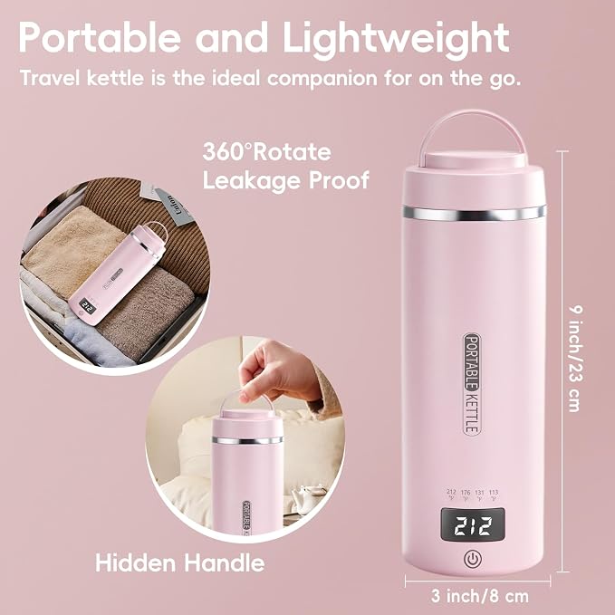 Travel Kettle, Portable Electric Kettle for 4 Temperature Controls, Pink | 304 Stainless Steel Liner, Auto Shut-off, 300W (120V) Fast Boiling, Water Bottle for Business Trips, Dorm & Office, 450ml
