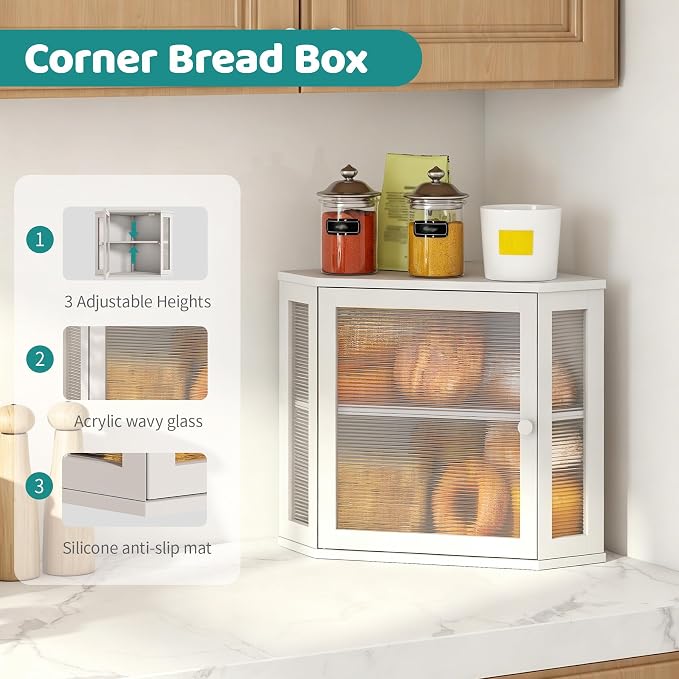 White Corner Bread Box, Bamboo Bread Box for Kitchen Countertop, 2 Tier Wooden Bread Storage, Solid Bamboo Wood