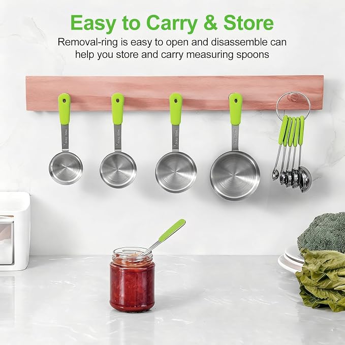 Bopei Measuring Cups and Spoons Set Stainless Steel 10 Piece for Cooking and Baking (5 Cups + 5 Spoons, Green Handle)