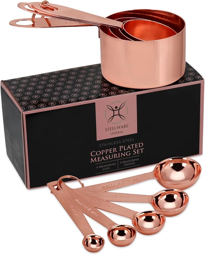 Copper Measuring Cups and Spoons Set - 9-Piece Food-Grade Stainless Steel Measuring Set with 2 Storage Rings for Heavy Duty Cooking & Baking, Rose Gold