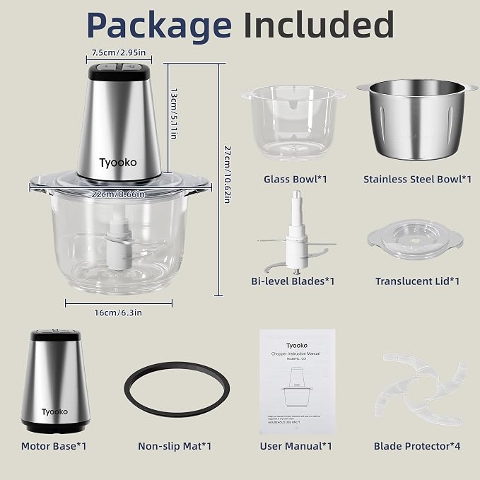 Electric Food Processor Vegetable Chopper, Easy Clean Meat Grinder with 2 Bowls (8 Cup Stainless Steel+8 Cup Glass), Small Food Mixer for Fruits/Meat/Nuts/Fish/Veggie/Pet Food/Baby Food