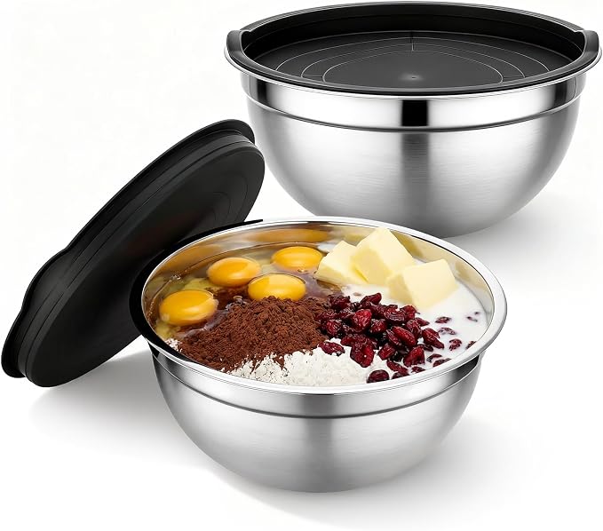 Beasea Stainless Steel Mixing Bowls, 2 Pack 3.4 QT Metal Nesting Mixing Bowls with Black Lids, Stackable Baking Bowl with Lid for Kitchen, Prepping, Serving, Cooking