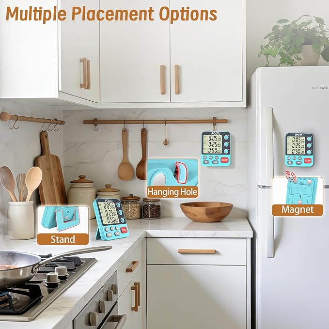 Digital Dual Kitchen Timer, Multi-Channel Magnetic Countdown for Cooking | 3Groups Triple Independent Countup Food Timer, Memory Presets, Large Display, Loud Alarm & Mute, 3A Battery & Stand Included
