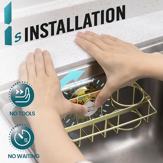 TAILI 4-in-1 Sink Sponge Holder for Kitchen with Strong Suction Cup-Gold | Removable Sink Caddy with Suction Cup, Rustproof 304 Stainless Steel Multi-compartment Sink Organizer for Sponge, Brushes