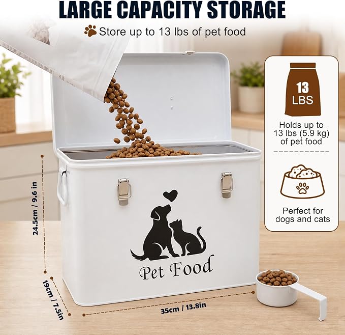 Vivifying Airtight Metal Dog Food Storage Container with Scoop, 13 lb | Sealing Ring and Double Locks Keep Dog Treats, Cat Treats, Cookies and Dry Pet Food Fresh, Secure and Organized, White