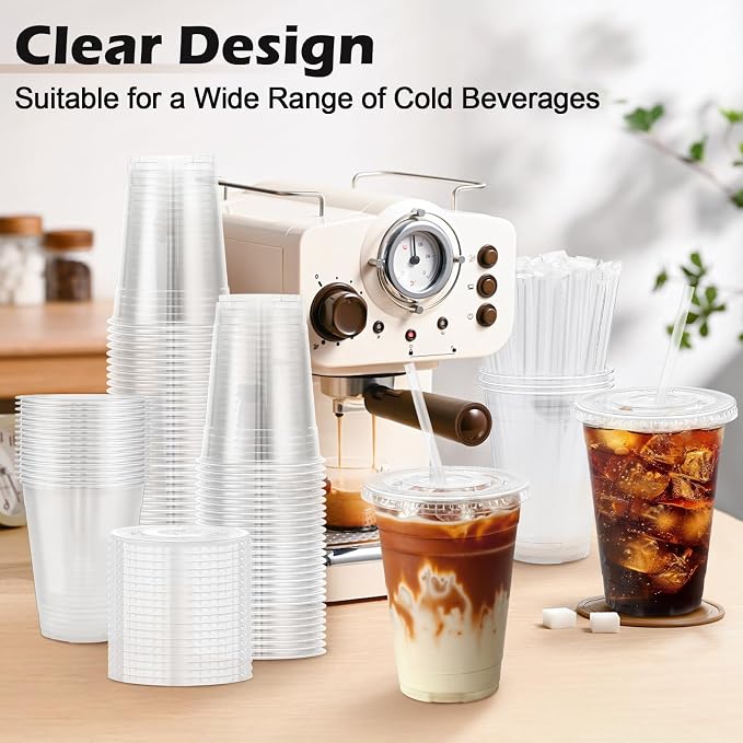 Lamosi 500 Pack 16 oz Clear Plastic Cups with Lids and Straws | Disposable Plastic Cold Cups for Iced Coffee, Smoothies, Parties, Picnics, Office Drinks, Light To-Go Use and Easy Cleanup