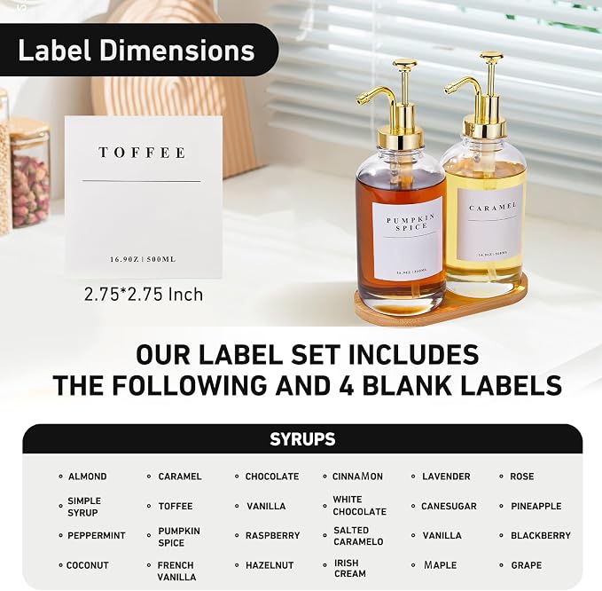 Coffee Syrup Dispenser for Coffee Bar with Gold Upgraded Pump, 2 Pack | 16.9 oz 500 ml Syrup Dispensers, Coffee Syrup Pump Dispenser, Glass Syrup Bottle 28 Labels and Bamboo Tray