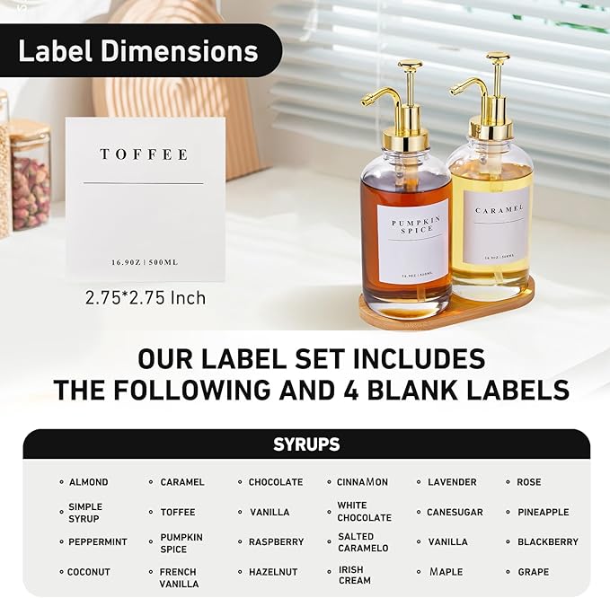Coffee Syrup Dispenser for Coffee Bar with Gold Upgraded Pump, 4 Pack | Coffee Syrup Pump Dispenser, Glass Syrup Bottle 16.9 oz 500 ml Syrup Dispensers, 28 Labels and 2 Bamboo Tray