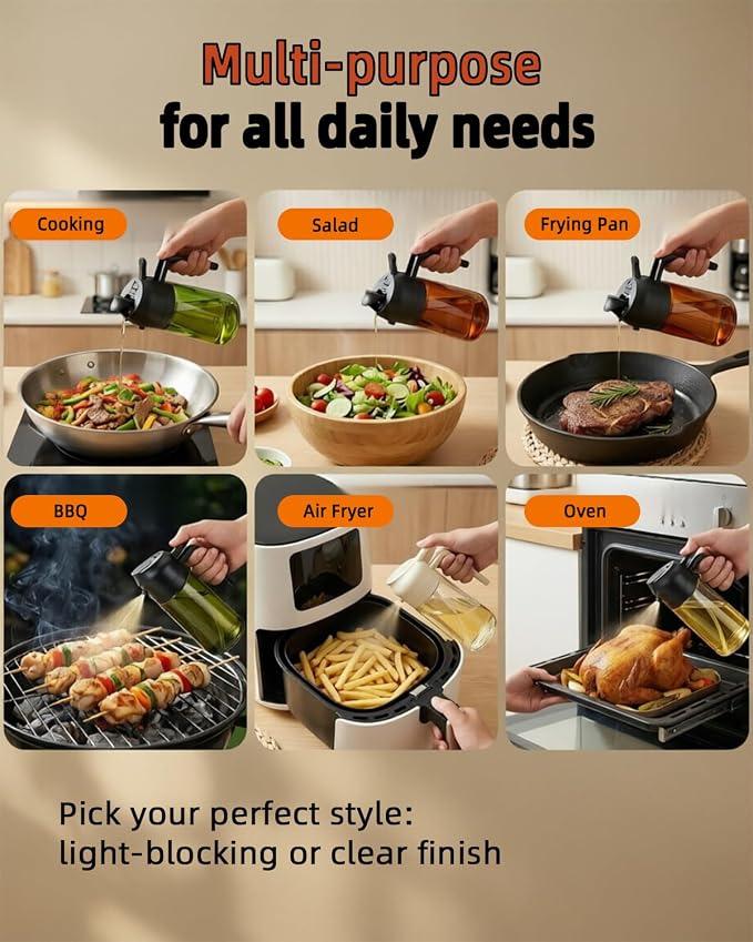 16oz/470ml Oil Sprayer for Cooking, 2 in 1 Oil Dispenser for Kitchen, Olive Oil Sprayer, Food Grade Glass Bottle for Kitchen Gadgets, Air Fryer Accessories, Salad, BBQ (Black)
