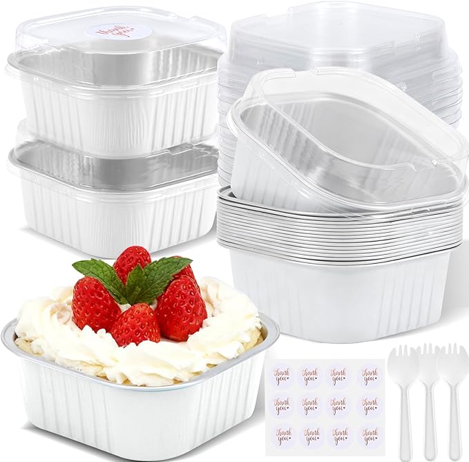100 Pack White 10oz Pink Mini Cake Pans With Lids, Aluminum Foil Square Brownie Baking Cups,Disposable 4”x4” Large Cupcake Pan,Jumbo Muffin Tin Ramekins Holders