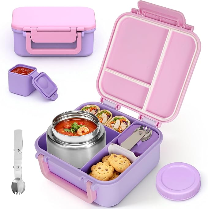 Bento Box for Kids, Lunch Box with Thermo(9oz Food Jar), Silicone Sauce Cup, Stainless Steel Spoon & Removable Divider, Kids Lunch Box Set for Girls Boys Back to School, Pink/Purple