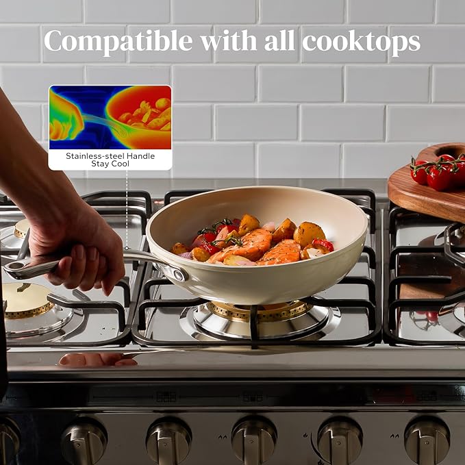 Redchef Ceramic Deep Saute Pan with Lid, 3.5QT Large Jumbo Cooker, 11" Frying Pan Nonstick with Stay Cool Handle, Non Toxic Cooking Ceramic Skillet, Induction Dishwasher Safe, PFOA & PFAS Free(Beige)