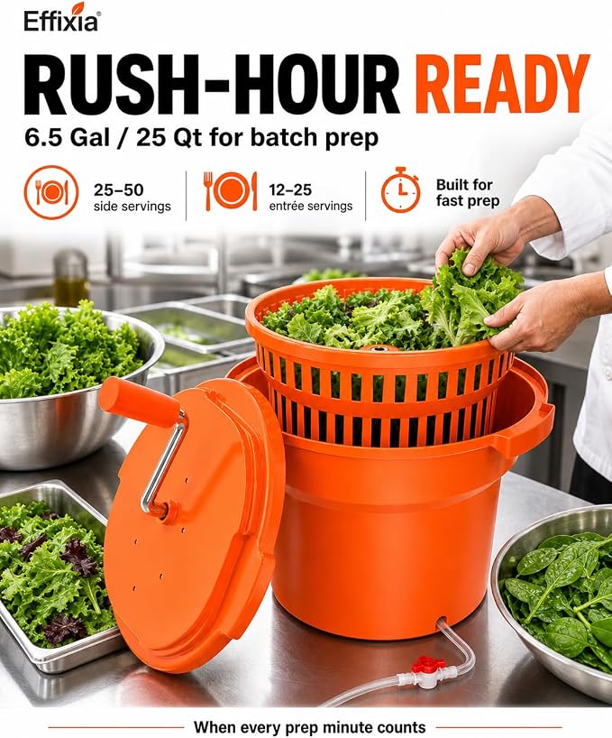 Commercial Salad Spinner - 6.5 Gallon Large Capacity Lettuce Dryer | 10 Ft Drain Hose & Stop Valve, 25Qt Manual Vegetable Spinner for Restaurants, Catering and Meal Prep