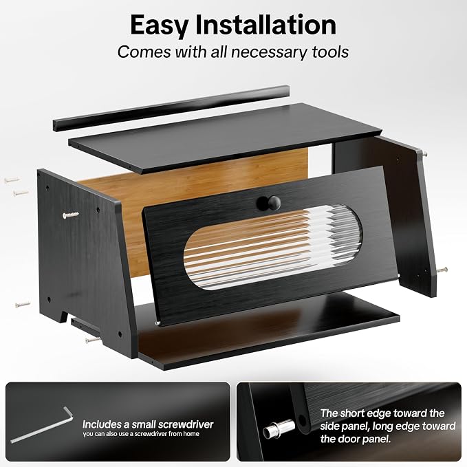 Black Bread Box for Kitchen Countertop,Large Capacity Kitchen Countertop Organizer,Bread Storage with Acrylic Window for Cabinet,Pantry,Cupboard