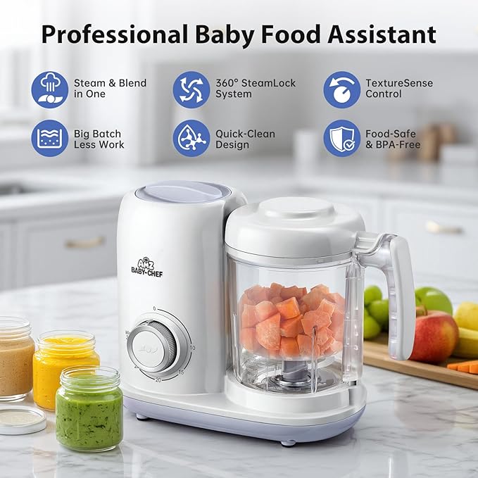 AMZBABYCHEF Baby Food Maker, 4 in 1 Baby Food Processor and Steamer, Puree Blender, Multifunctional Baby Puree Maker, Dishwasher Safe (White)
