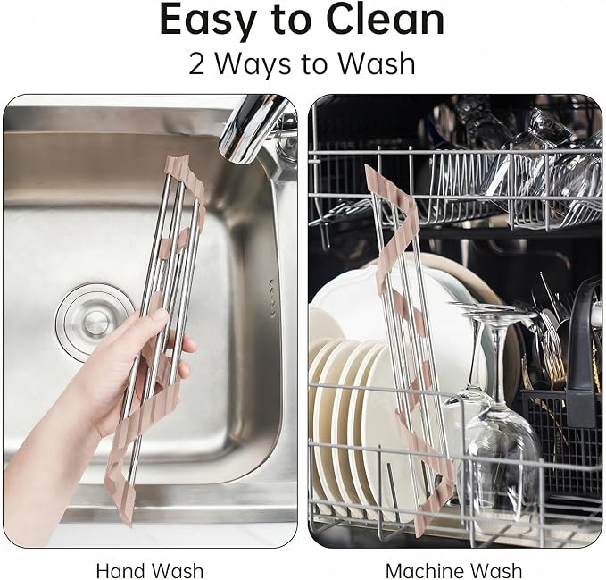 Tomorotec Triangle Roll Up Dish Drying Rack 304 Stainless Steel Beige | BPA-Free Food-Grade Silicone Edges Foldable Waterproof Rustproof Heavy-Duty Space Saver Heat Resistant to 550°F