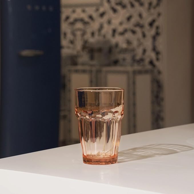 Bormioli Rocco Rock Bar 12.5 oz. Long Drink Stackable Tempered Beverage Glasses for Cold Drinks, Water, and Cocktails, Set of 6, Peach