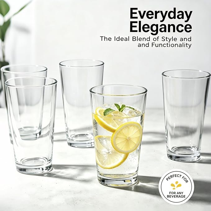 QAPPDA Drinking Glasses Set of 12, 16 oz Clear Glass Cups Cocktail Glasses | Highball Drinking Tumbler Glass Design for Home Dining, Bars, Pubs and Parties & Dishwasher Safe
