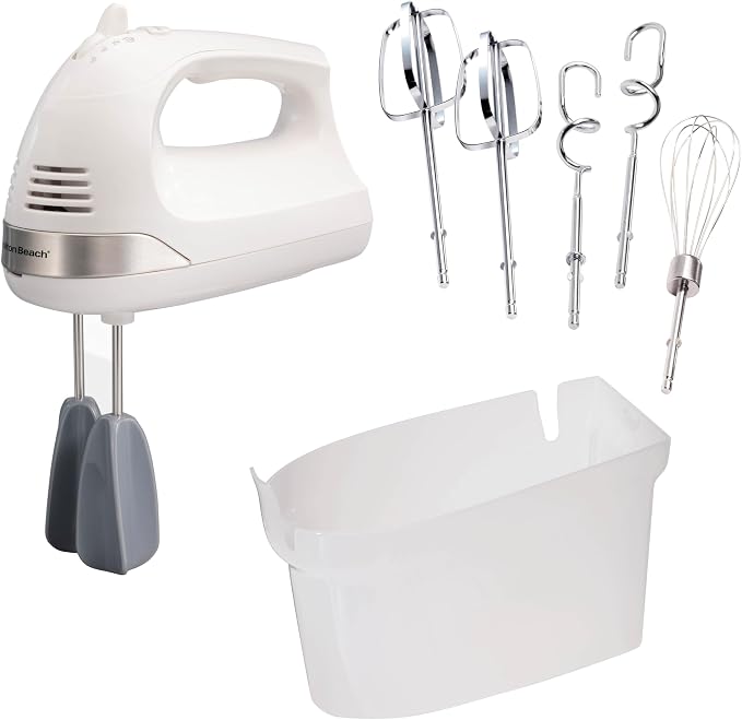 Hamilton Beach 6-Speed Electric Hand Mixer With Easy Clean Beaters | Traditional Beaters | Dough Hooks | Whisk | Snap-On Storage Case | 275 Watt Motor | White | 62636J