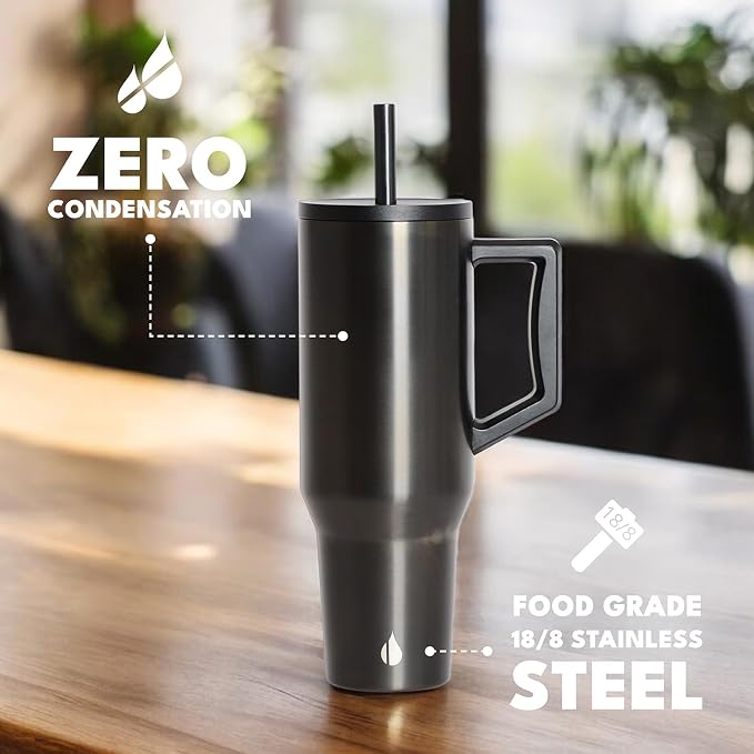 Elemental Spill Proof 40oz Insulated Tumbler with Handle & Straw Travel Mug | Stainless Steel Commuter Travel Coffee Mug for Cold Beverages, Includes 2 Straws & a Spill Proof Lid for Everyday Use