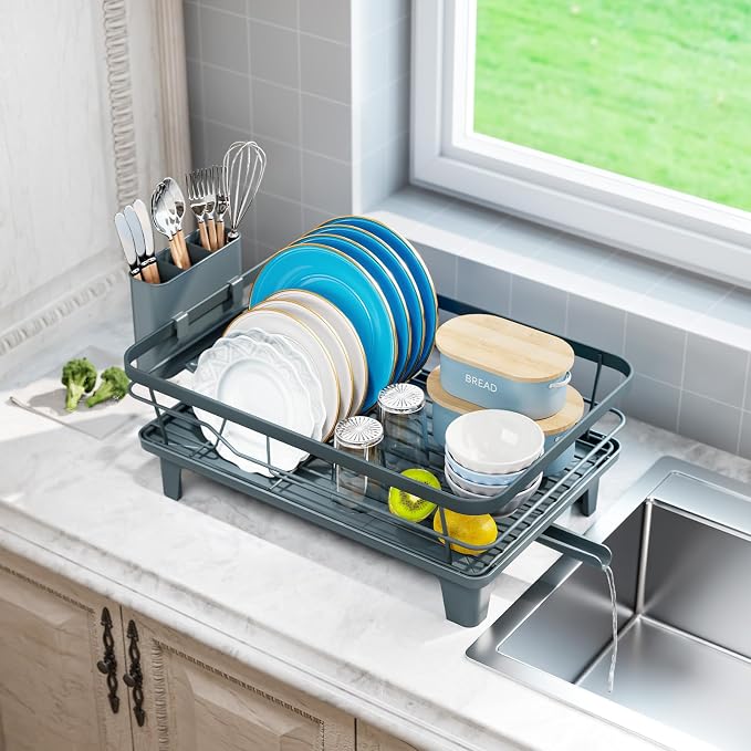 Urakify Dish Drying Rack for Kitchen Counter, 16.5" L x 12.2" W, Blue | Large Dish Drainer with Cutlery Holder, Sink Dish Rack with Drainboard for plate dish silverware, Space Saving