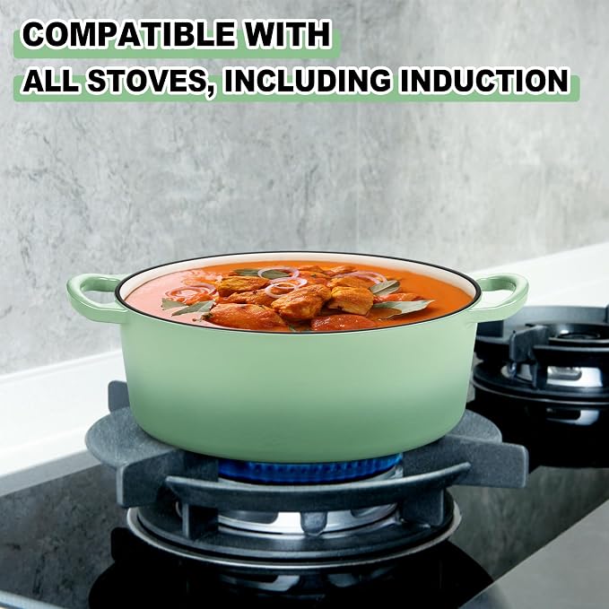 E-far 5QT Oval Dutch Oven Pot with Lid, Enameled Cast Iron Dutch Oven with Dual Handles, Heavy-Duty Cookware for Sourdough Bread Baking, Braising, Stews, Oven Safe & Easy Clean, Green