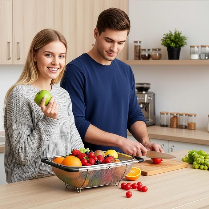 2 Pack Over the Sink Oval Colander for Kitchen, Stainless Steel Fine Mesh 6 Quart Strainer Basket with Expandable Rubber Grip Handles for Straining, Draining, Rinsing Fruits, Vegetables
