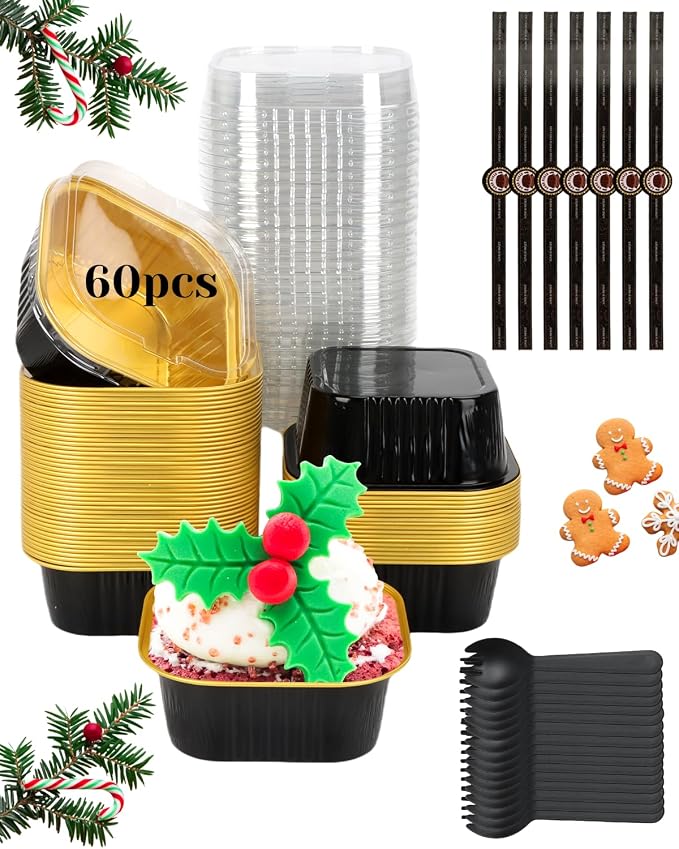 YQER 60 Pack 10oz Mini Cake Pans with Lids, Spoons, Stickers - Disposable Square Brownie Baking Cups - Individual Small Aluminum Foil Loaf Tins for Muffin, Ramekins, Cupcake - Catering, Gift, Black