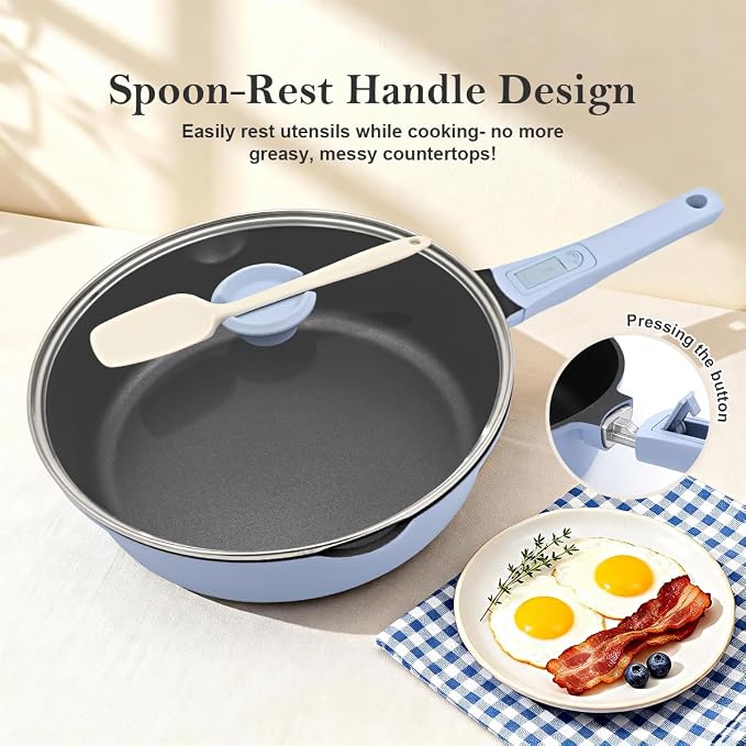 Small Deep Frying Pan with Lid, 8 Inch Non Stick Egg Skillet, Omelette Pan Non Toxic, Mini Pans for Cooking, Induction Cookware, Compatible with All Stoves, Detachable Handle, Oven Safe, Blue
