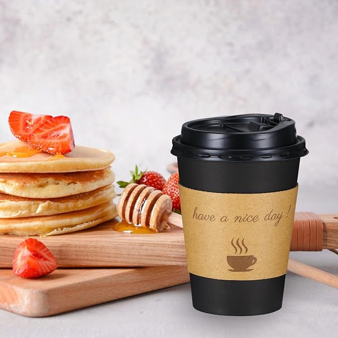 Lamosi 12 oz Coffee Cups 50 Pack, Disposable To Go Paper Cups with Lid | Hot Insulated Cups with Lids, Stir Sticks and Sleeves for Cold Drinks, Tea and Latte, Cafe, Travel and Home Use
