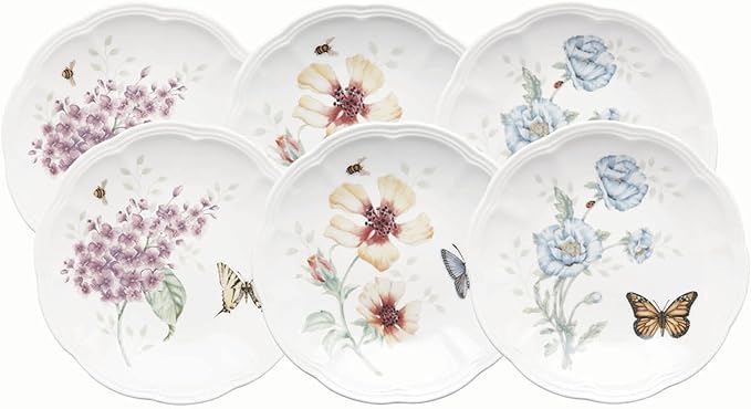 Lenox Butterfly Meadow 6-Piece Tidbit Plates, Dessert Plate Set for 6 | porcelain, dishwasher safe, microwave safe | also great as a appetizer plate for salad or bread, salad plates