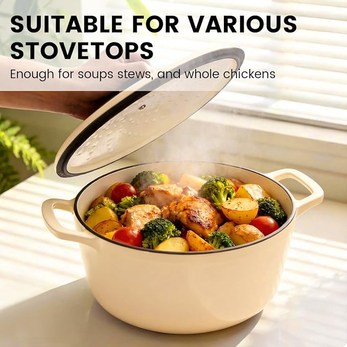 Enameled Cast Iron Dutch Oven 5.2 Qt with Lid, Cream | For Sourdough Bread, Stews & Roasts, Oven Safe to 500F, Works on Gas, Electric & Induction Stovetops.