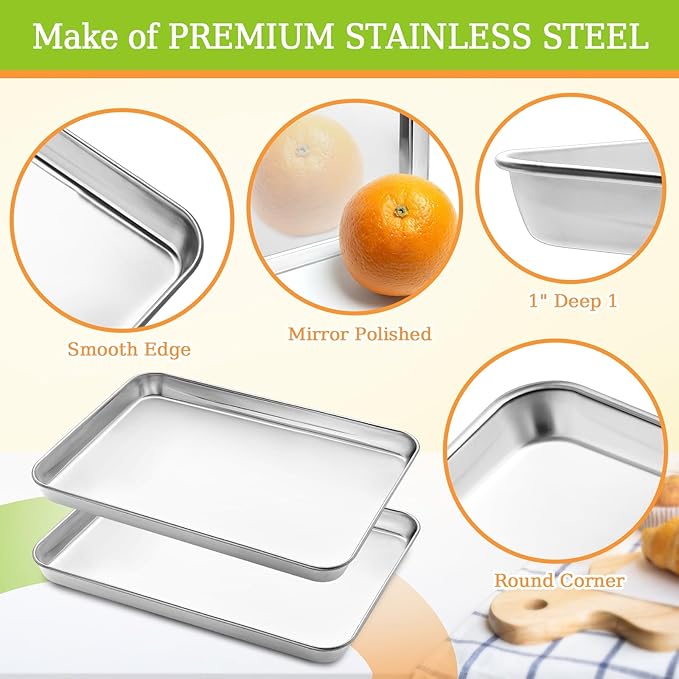 CEKEE Stainless Steel Cookie Sheets for Baking, 2PCS Stainless Steel Baking Sheet, Size 12.59 x 9.84 x 1 Inch, Heavy Duty & Easy Clean Baking Pans Tray Set