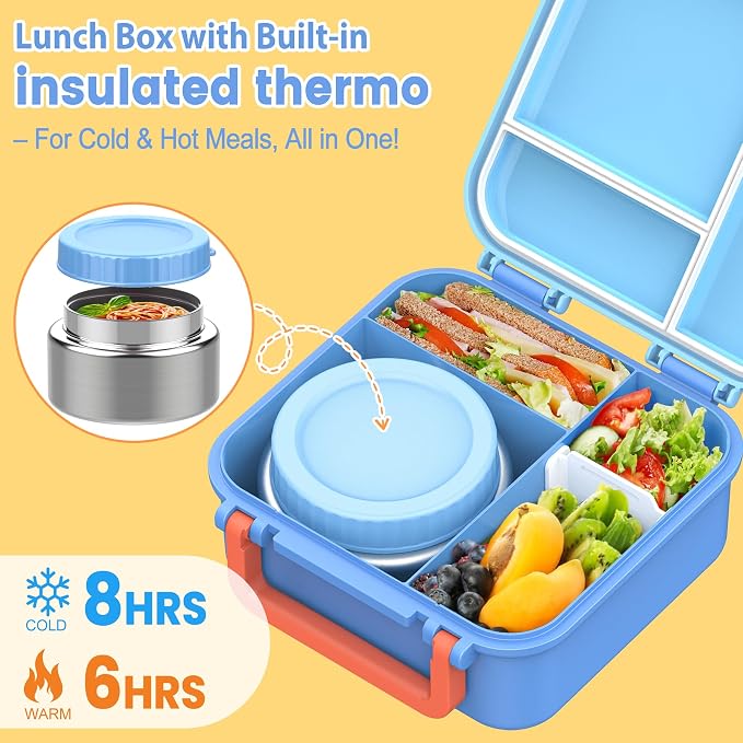 Bento Lunch Box for Kids with 9oz Thermo, Waterproof Kids Stickers, Leak-proof Lunch Containers with 3 Compartments,Kids-friendly Size,Durable/Dishwasher Safe Lunch Box for School Outdoors-Blue