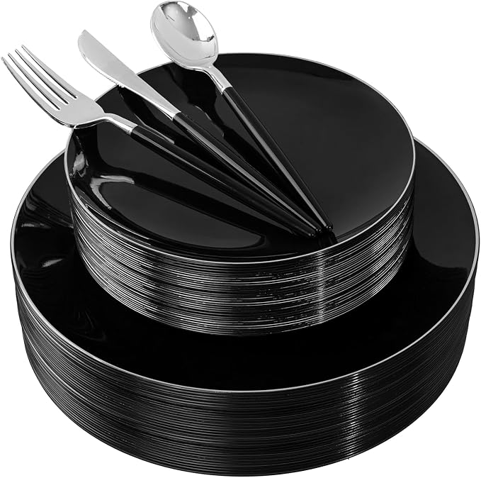 DaYammi 30 Guests Black Plastic Plates with Disposable Silverware,Silver Cutlery with Black Handle,Silver Disposable Dinnerware:60 Dinner/Dessert Plates,90 Plastic Silverware Set for Party Wedding