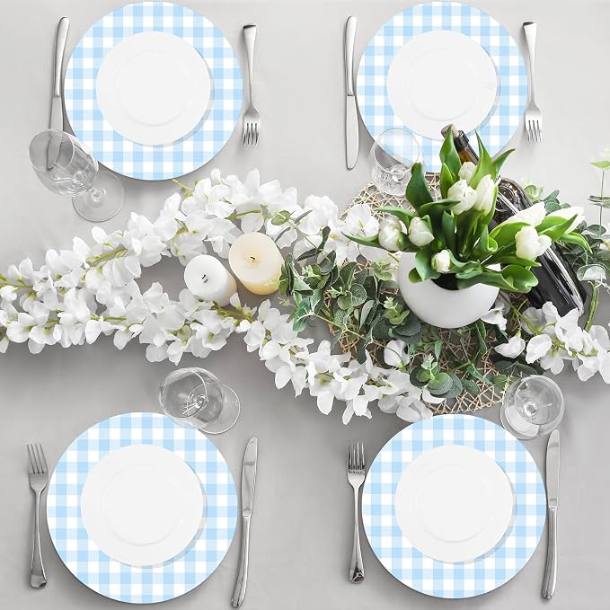 Funnymoom 60 Pcs Blue and White Gingham Disposable Paper Placemats Round Table Place Mat Summer Checkered Decorative Paper for Baby Shower Wedding Birthday Party Dinner Table Decor
