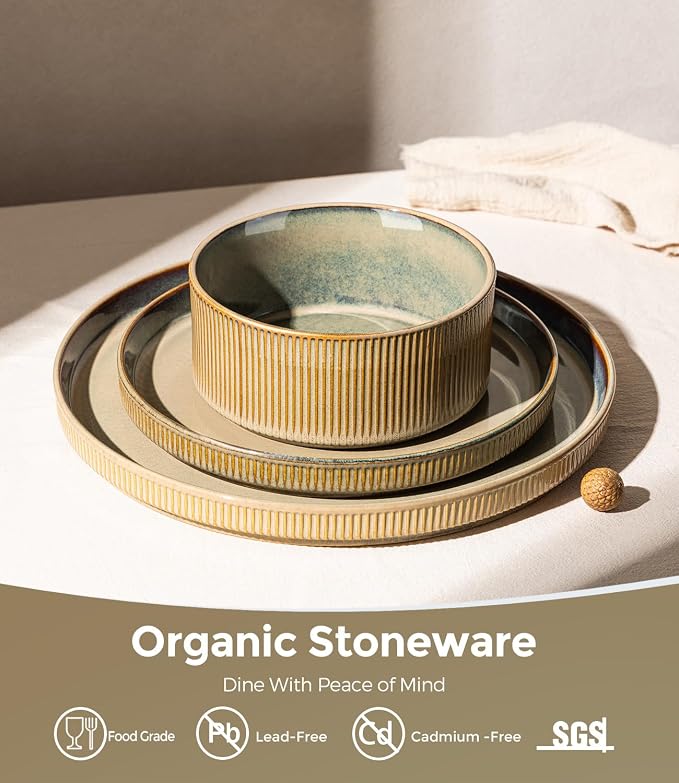 GBHOME Stoneware Dinnerware Sets for 4, 12 Pieces Plates and Bowls Set | Lightweight Ceramic Ribbed Dishes, Reactive Glaze Stackable Plate Set, Scratch Resistant, Microwave & Dishwasher Safe, Khaki