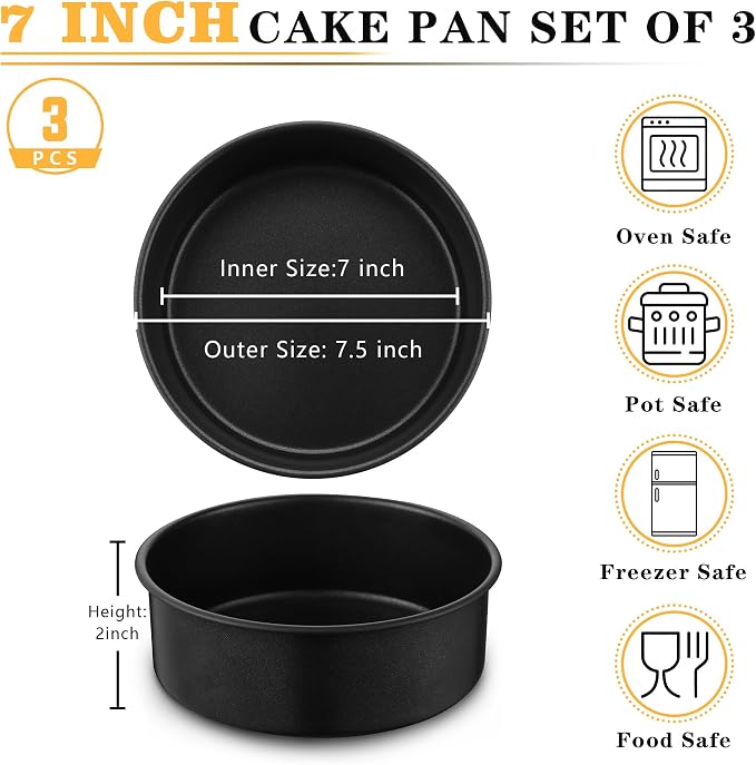 E-far 7 Inch Cake Pan, 3PCS Nonstick Stainless Steel Baking Cake Pans Tins | Round Smash Bakeware Baking for Birthday Layer Cake/Cheesecake, Straight Side, Non-Toxic & Healthy, Leakproof & Easy Clean