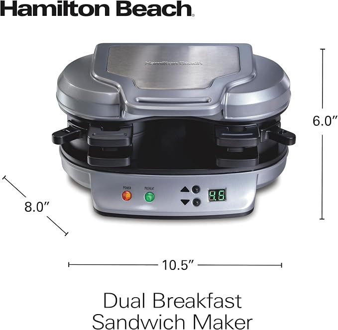 Hamilton Beach Dual Breakfast Sandwich Maker with Egg Cooker Rings & Timer | Perfect for English Muffins, Croissants, Mini Waffles | Customizable & Fast |PFAS-Free | Silver | 25490MNA