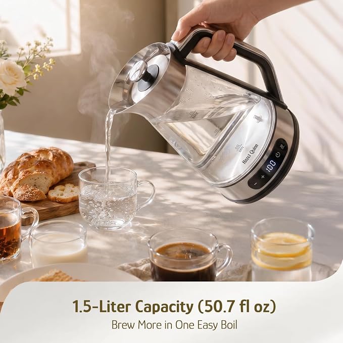 Hazel Quinn Glass & Stainless Steel Electric Kettle, 1.5 Liters Tea Kettle | Quiet Boil, ±1°C Temp Control, 24H Keep Warm, Anti-Residue Bottom, Auto Shut-Off, BPA-Free Hot Water Kettle, 1000W Fast Boil