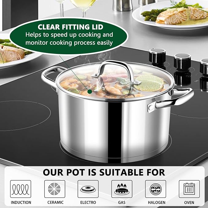 P&P CHEF 8 Quarts Stock Pot with Lid, Stainless Steel Stockpot for Cooking | Cooking Pot for Soup, Pasta, Tri-Ply Bottom for Induction, Gas, Ceramic, Glass Lid & Double Handle, Dishwasher Safe