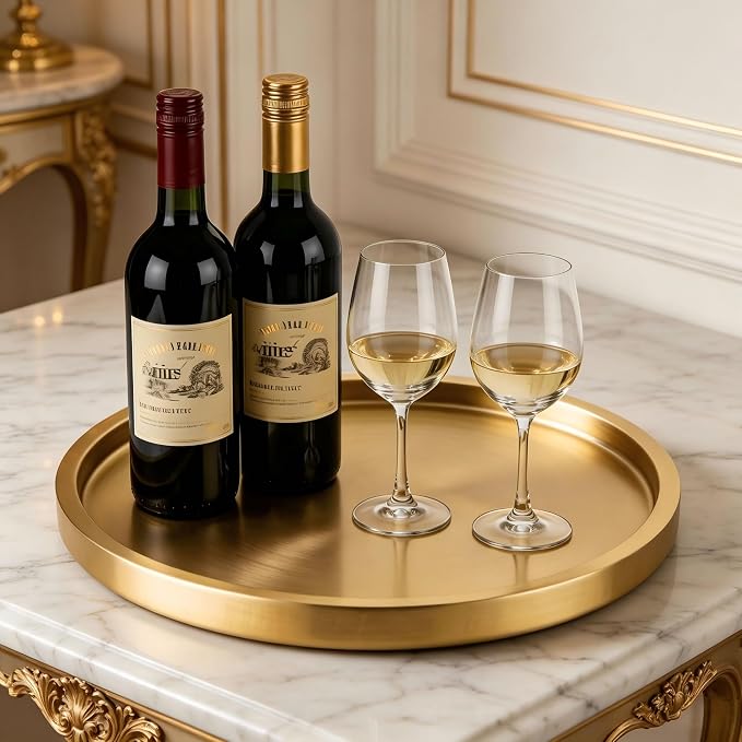 Stainless Steel Round Bar Serving Tray 12.5",Double Wall,Ideal Coffee Table, Decorative,Rotisserie Plate, Tea and Bathroom Serving,Gold