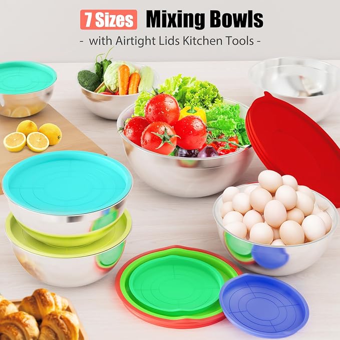 Mixing Bowls with Lids Set, 7 PCS Stainless Steel Mixing Bowls with 3 Grater Attachments, Size 4.5, 4, 3.5, 2.1, 1.5, 1.1, 0.7QT, Ideal for Kitchen Cooking Baking & Serving