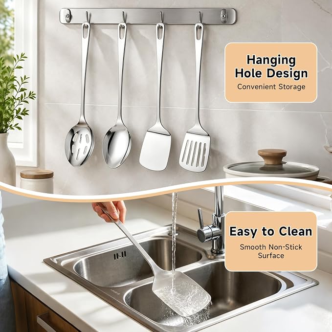 Cooking Utensils Set, 4PCS Stainless Steel Spatula, Dishwasher Safe | Metal Kitchen Utensils Set, Heat Resistant Solid & Slotted Turner, Serving & Slotted Spoons for Flipping Fish, Eggs, Pancakes