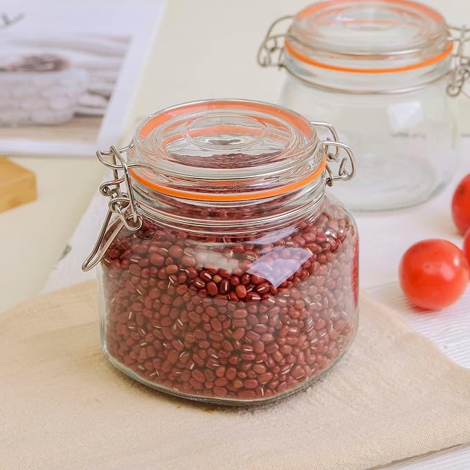 Hovico 25 oz Glass Jars With Airtight Lids And Leak Proof Rubber Gasket,Wide Mouth Mason Jars With Hinged Lids For Kitchen Canisters 750ml, Glass Storage Containers