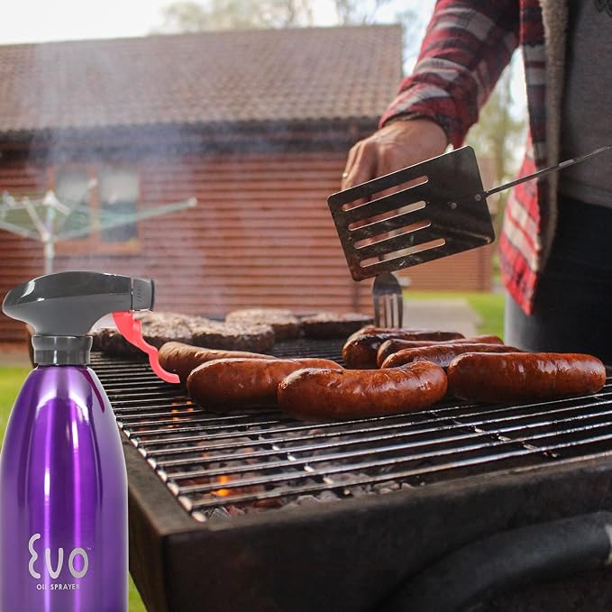 Evo Oil Sprayer 18/8 Stainless Steel, Non-Aerosol for Olive, Cooking Oils, and Vinegars, Purple, 16-Ounce Capacity