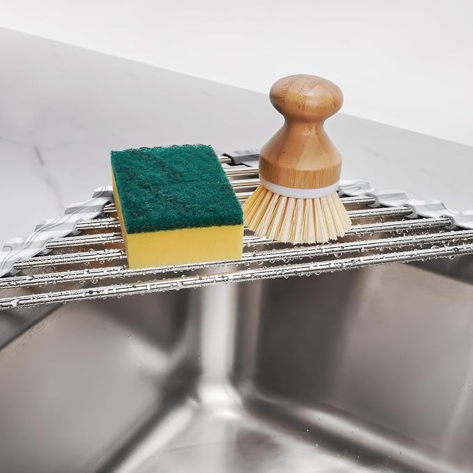 Tomorotec Marble Triangle Roll-Up Dish Drying Rack for Sink Corner - Small, Foldable, Stainless Steel, Multipurpose Kitchen Drainer Caddy, Trivet, Rustproof Organizer, Storage Shelf | BPA-Free Food-Grade Silicone Edges Foldable Waterproof Rustproof Hea...