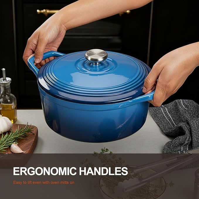 Overmont Enameled Cast Iron Dutch Oven - 5.5QT Pot with Lid Cookbook & Cotton Potholders - Heavy-Duty Cookware for Braising, Stews, Roasting, Sourdough Baking Blue