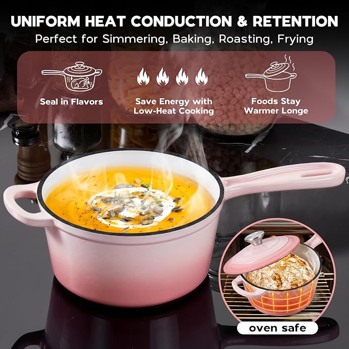 Onader Cast Iron Sauce Pan Pot, 1QT & 2QT Small Saucepan with Lid, Enameled Cast Iron Dutch Oven Cooking Kitchen Pot – Pink