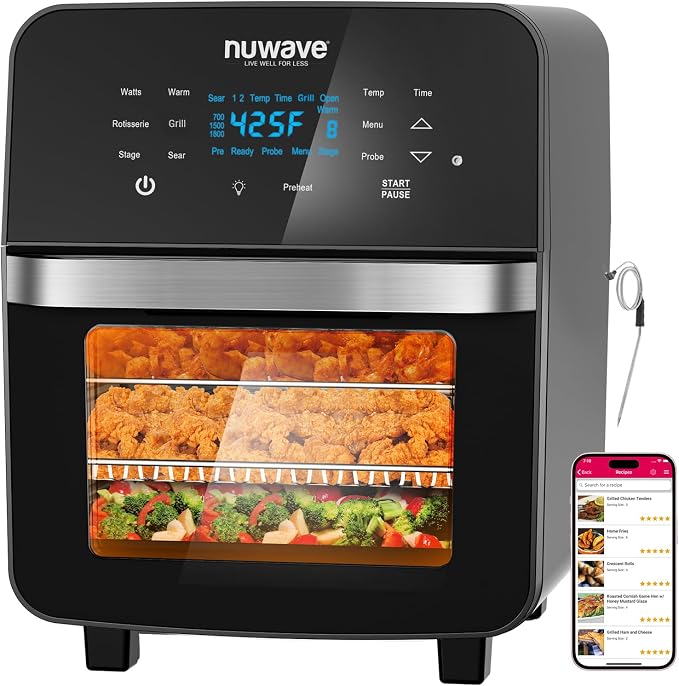 Nuwave Brio 15.5Qt Air Fryer Oven with Plug-In Grill, XL Family Size | Air Fry/Grill/Rotisserie; Even & Crisp Cooking; 100 One-Touch Presets/50 Memory; 50°F-425°F in 5°F Steps; 1800W